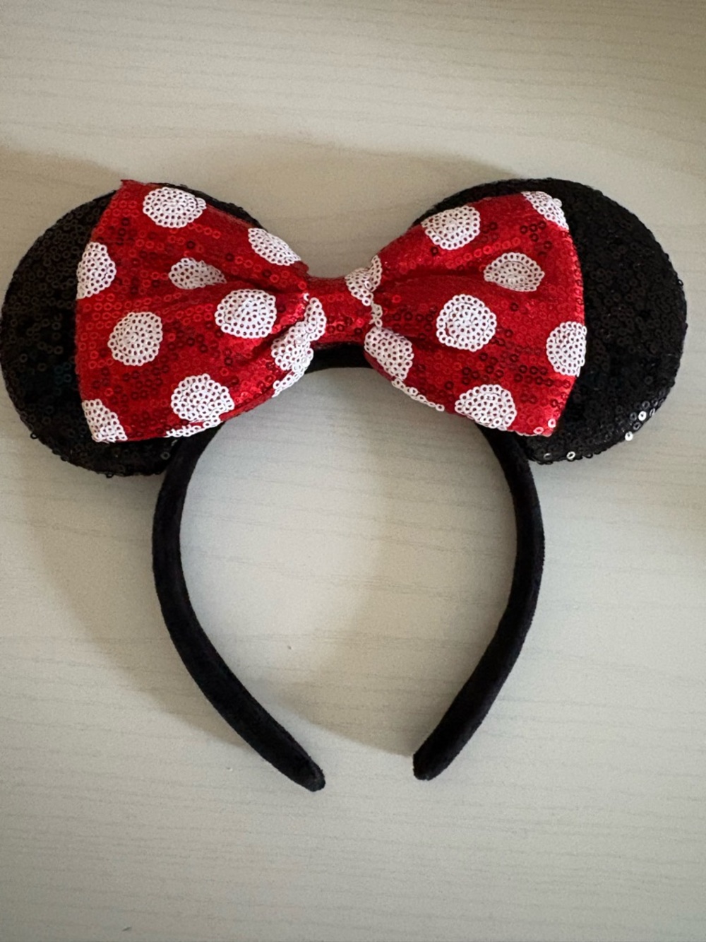 Sequin Minnie Ear Headband with Red Polka Dot Bow